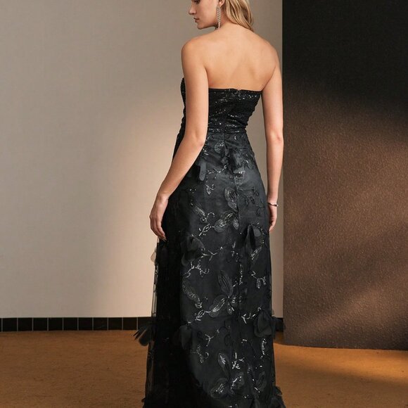 Black Party Women's Sequins Bodice Flower Embroidery Mesh Flare Long Dress - Picture 2 of 7